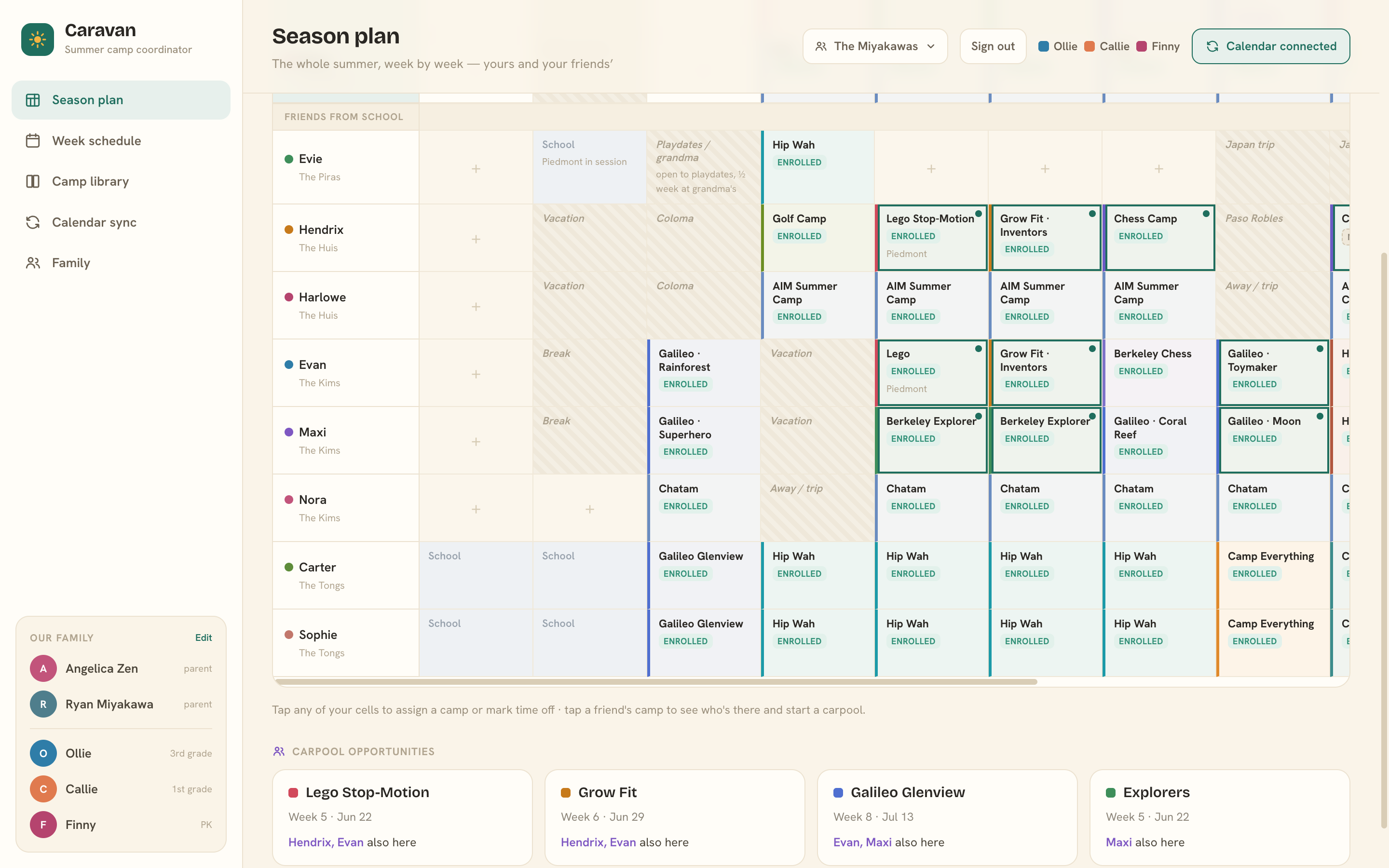 Community mode: friends' season plans stacked below yours, with matching camp weeks ringed and purple carpool-opportunity cards collecting the best matches