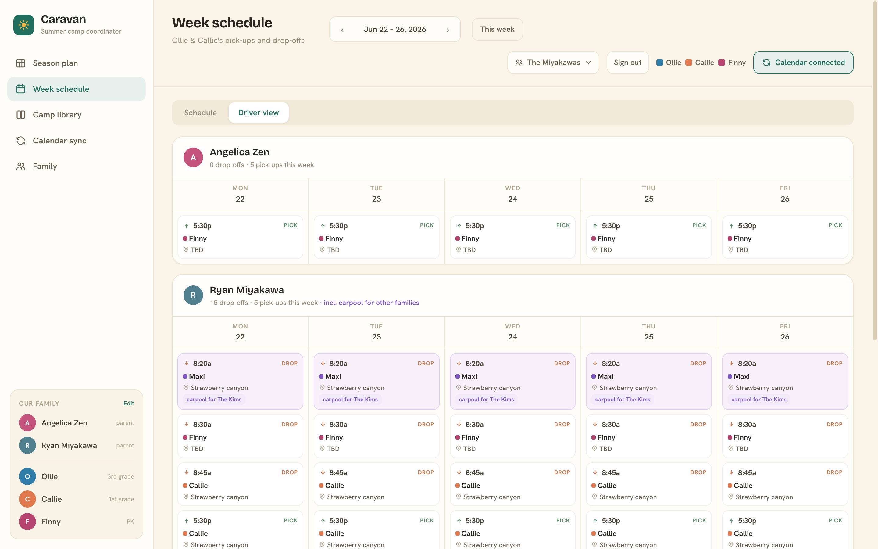 Driver view: a card per adult summarizing drop-offs and pick-ups with a day-by-day itinerary, purple tags on carpool legs driven for other families, and an Unassigned card for unclaimed runs
