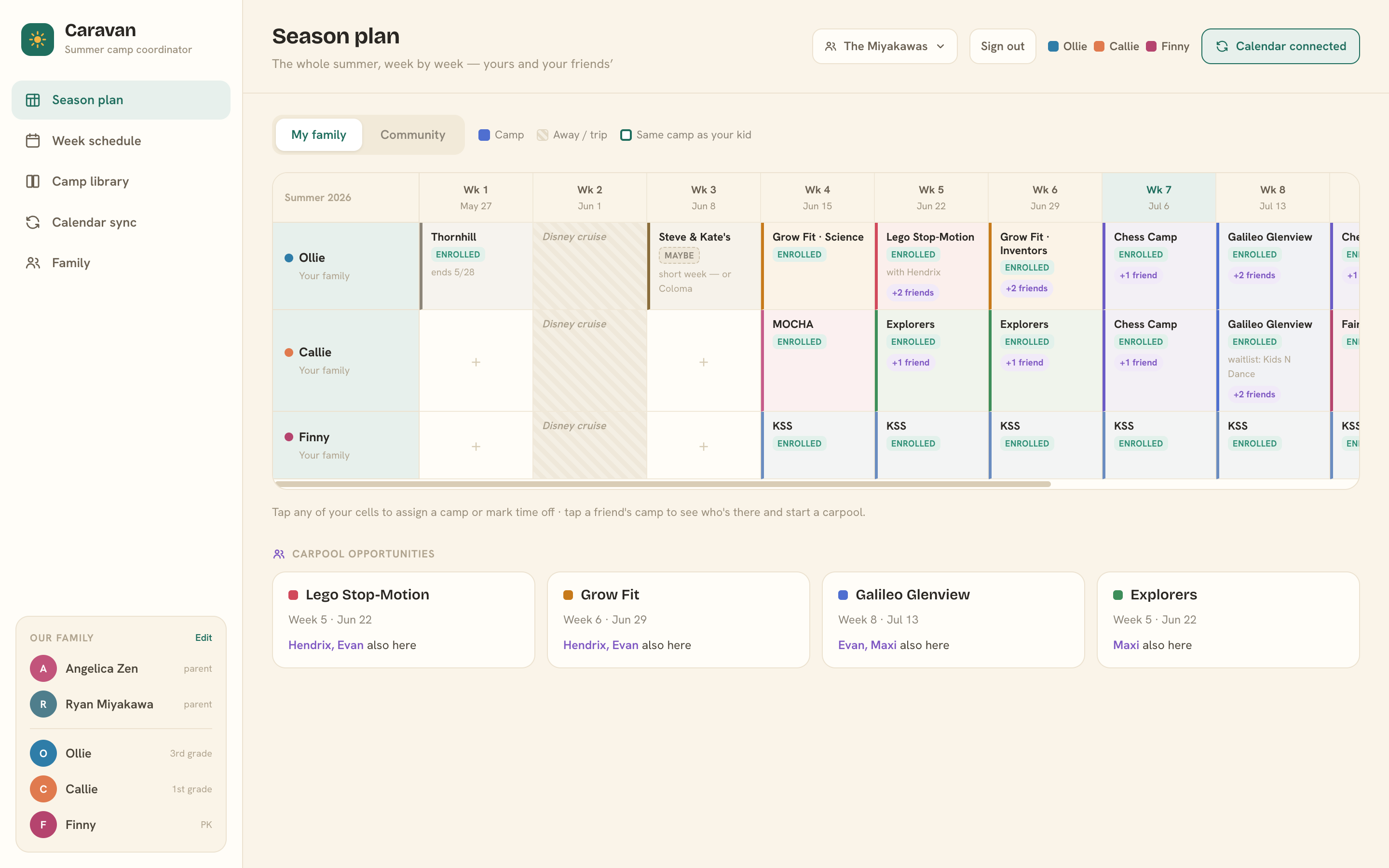 The Caravan season plan: a color-coded grid with each kid as a row and twelve summer weeks as columns, camps filled in and the current week highlighted