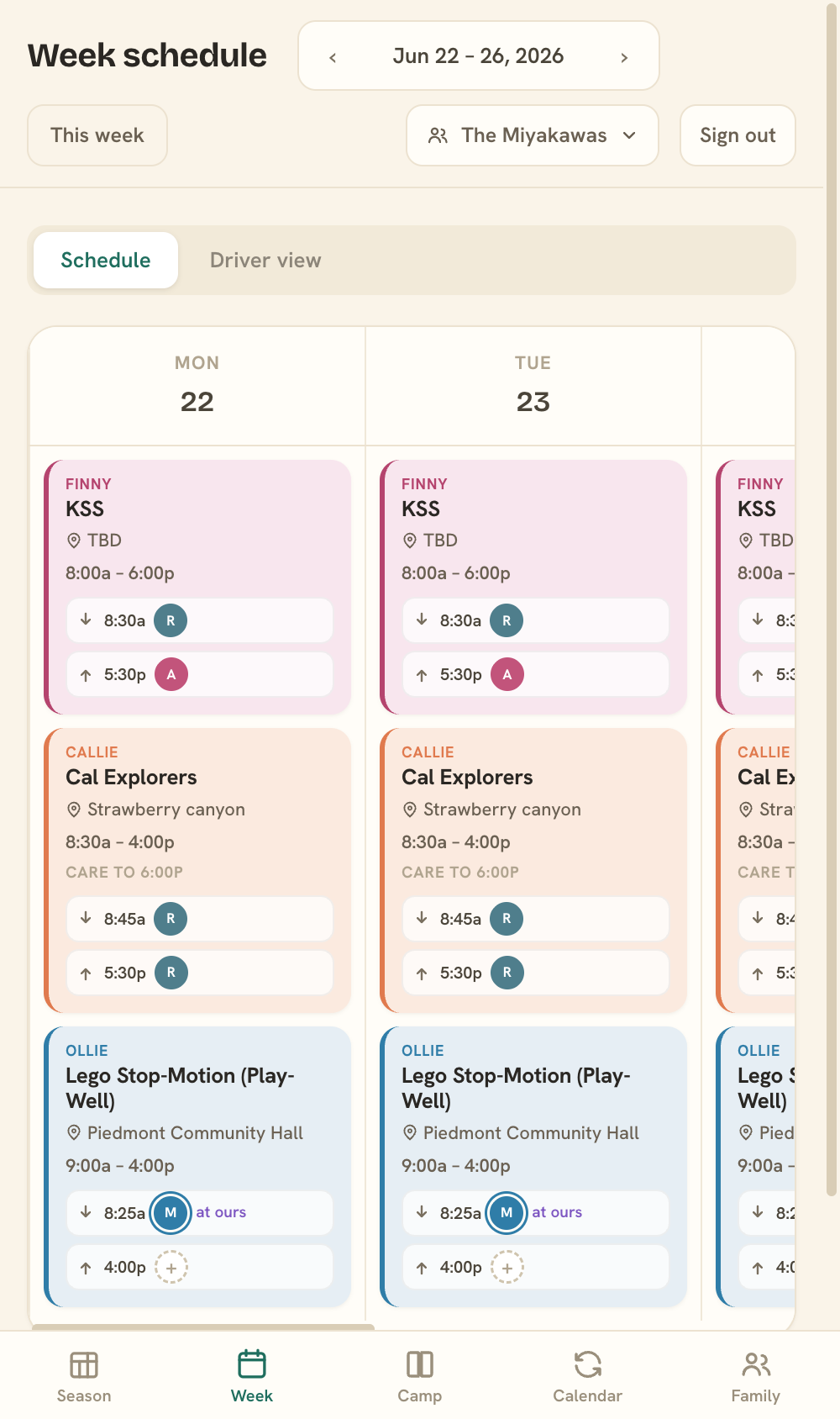 The week schedule on a phone, laid out as swipeable day columns