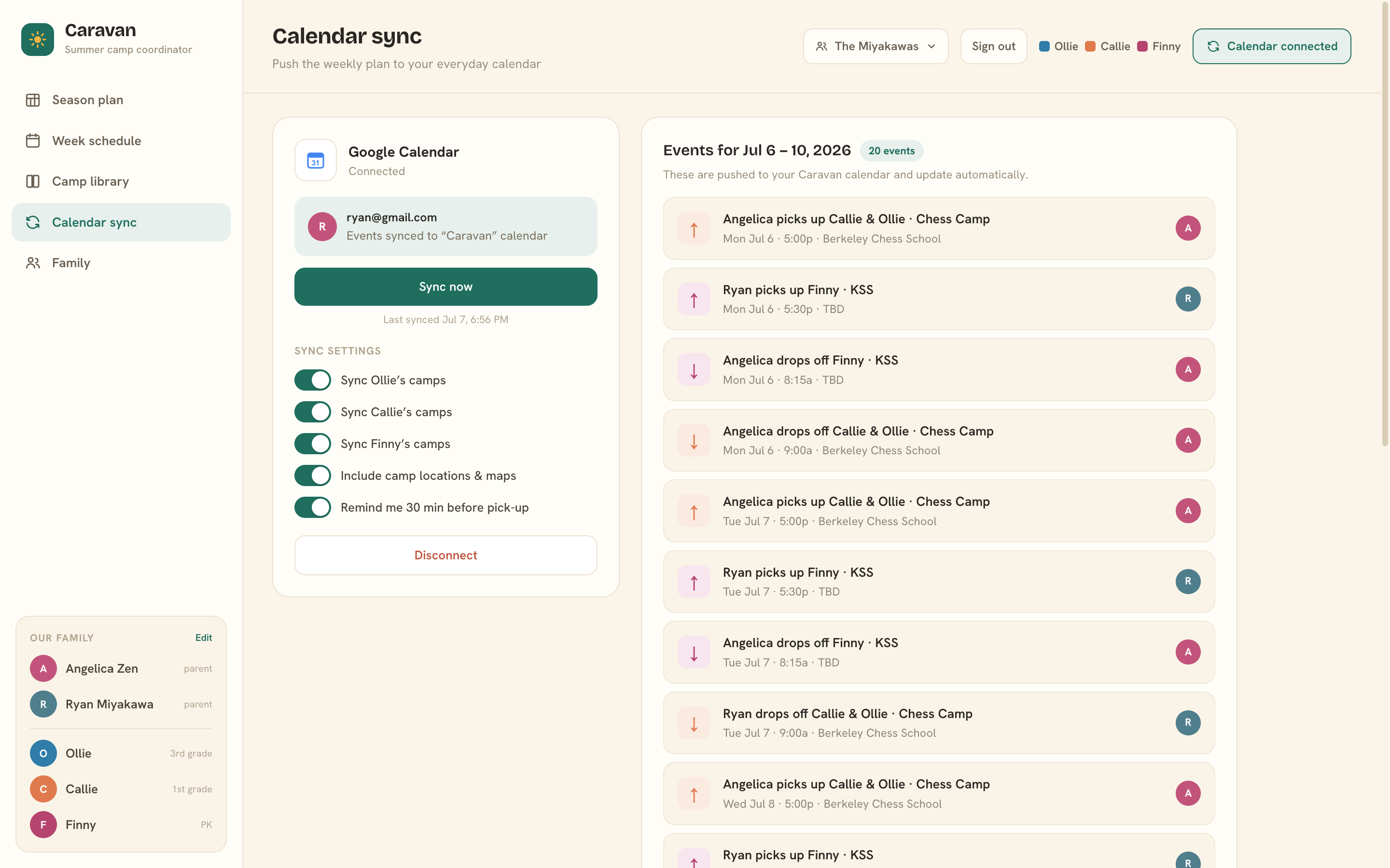 Google Calendar sync preview: a list of upcoming driving legs with colored up and down arrows and human-readable titles like 'Dana picks up Callie & Olly · Galileo'