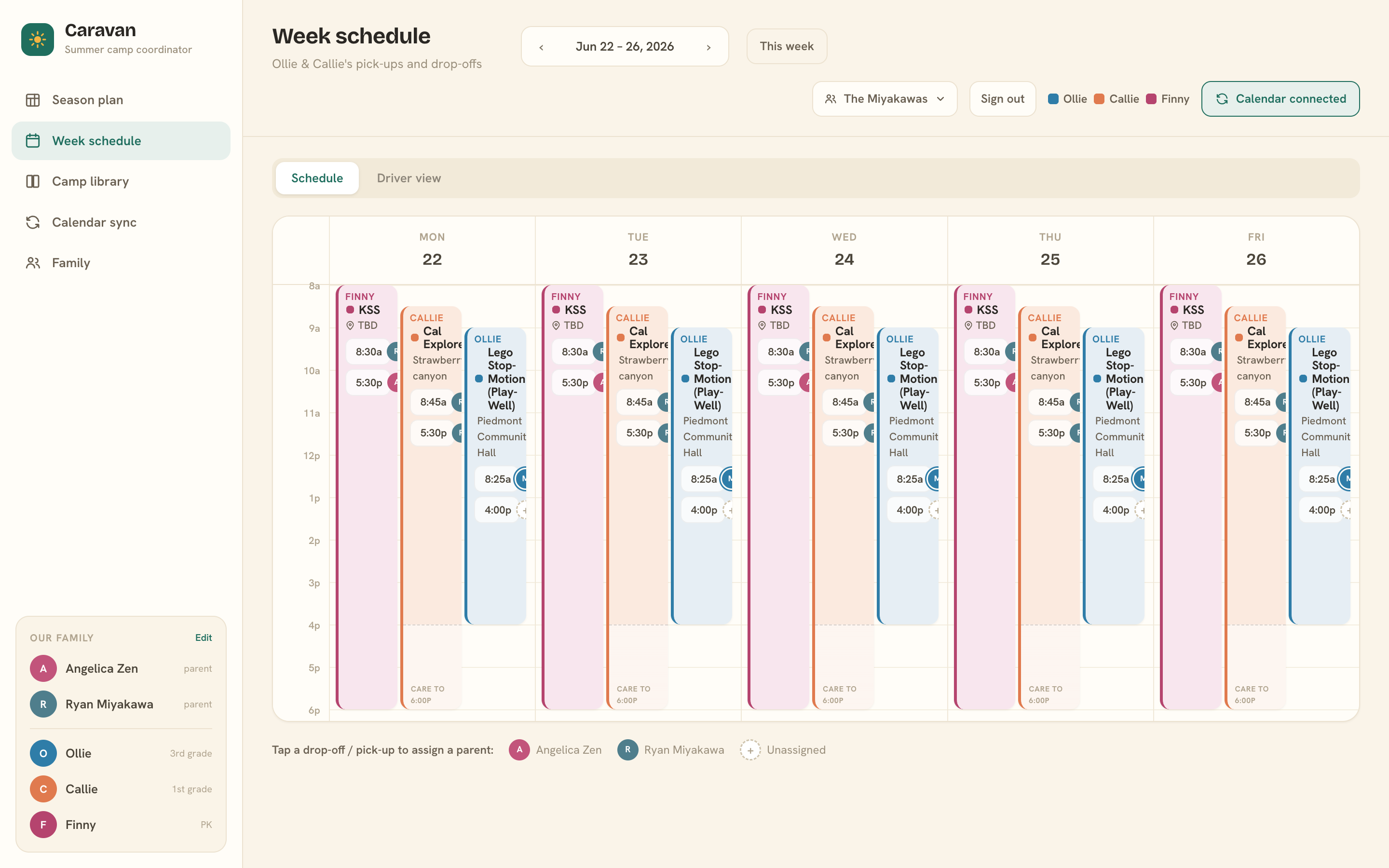 The week schedule: colored camp blocks on a Monday–Friday timetable at their real hours, with lighter care bands and small drop-off and pick-up rows carrying driver avatars